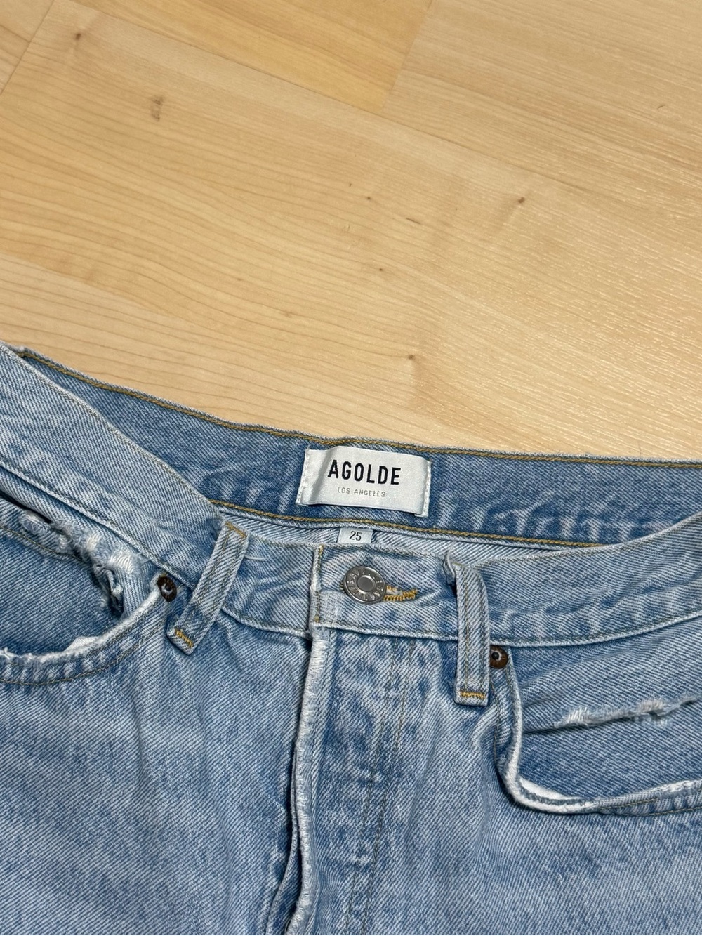 Agolde Light Blue Distressed High-Rise Denim Shorts - Picture 3 of 3